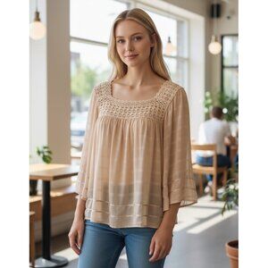 Sanctuary Beige Sheer Gauzy Crochet Lace Bell Sleeve Peasant Top SZ XS Romantic